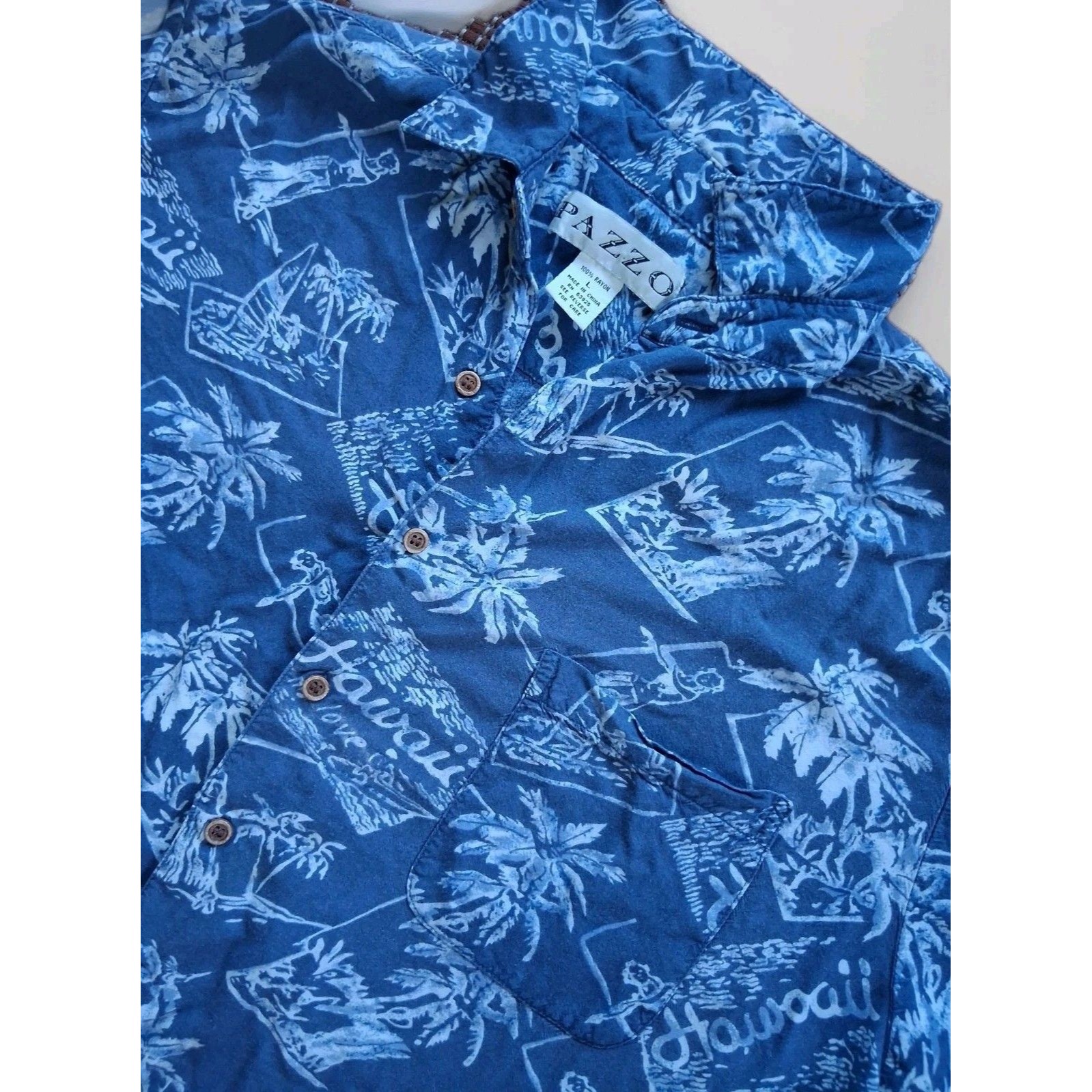 Hawaiian Shirt Pazzo Mens Large Floral Palm Tree Tropical Hawaii Blue Hula Dance